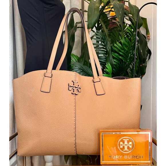 Tory Burch Tan Leather Tote Bag With Logo Detail & Dual Straps - Picture 1 of 12